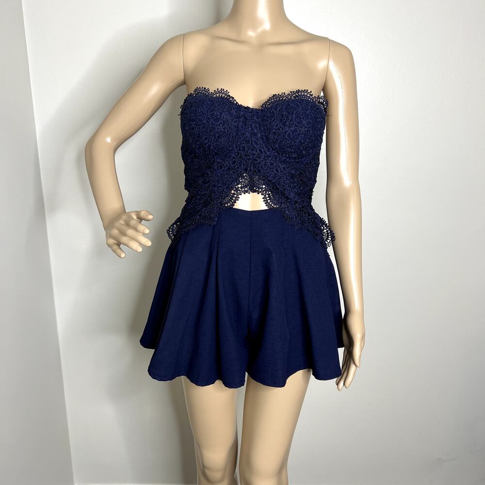 Hello Molly Navy Lace Strapless Bustier Romper